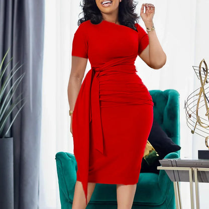 Pleated Band Collar Short Sleeve Pure Color Work Dress