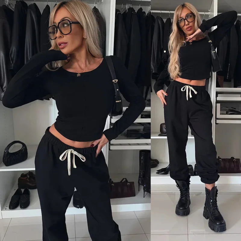 Lace Up Loose Sleeve Two Piece Pants Set