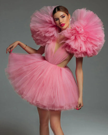 Pink Tulle Ruffled A-Line Party Dress