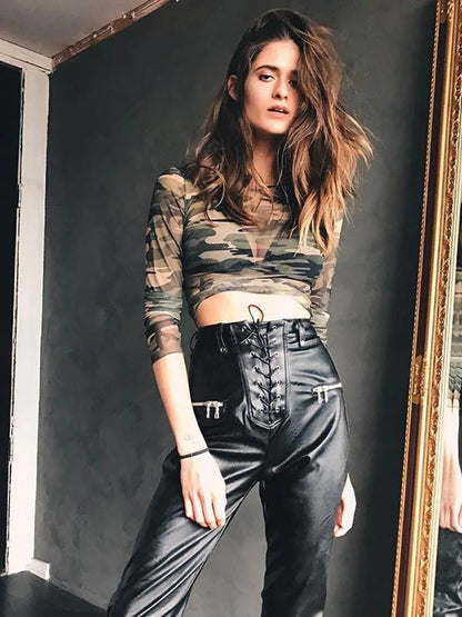 Camouflage Print Mesh See Through Long Sleeve Sheer Top