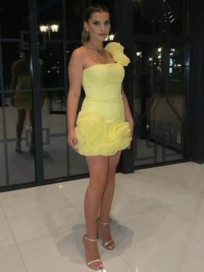 Yellow Satin Slim Fit Mini Party Dress