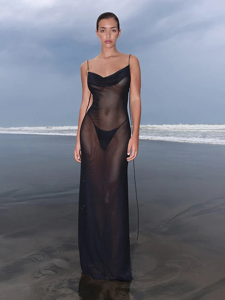 Sheer Mesh Swing Neck Midi Dress