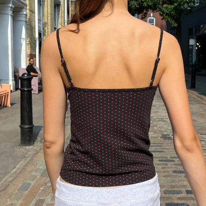 Lace Trim Polka Dot Sleeveless V Neck Cami Top