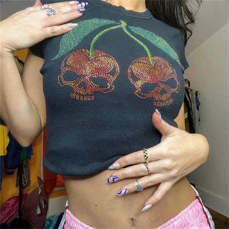 Skull Graphic Emo Rhinestone Crop Top