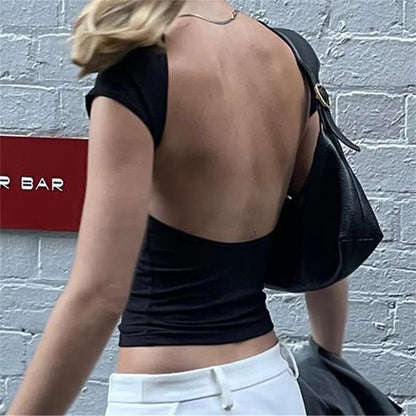 Backless Short Sleeve Crop Top
