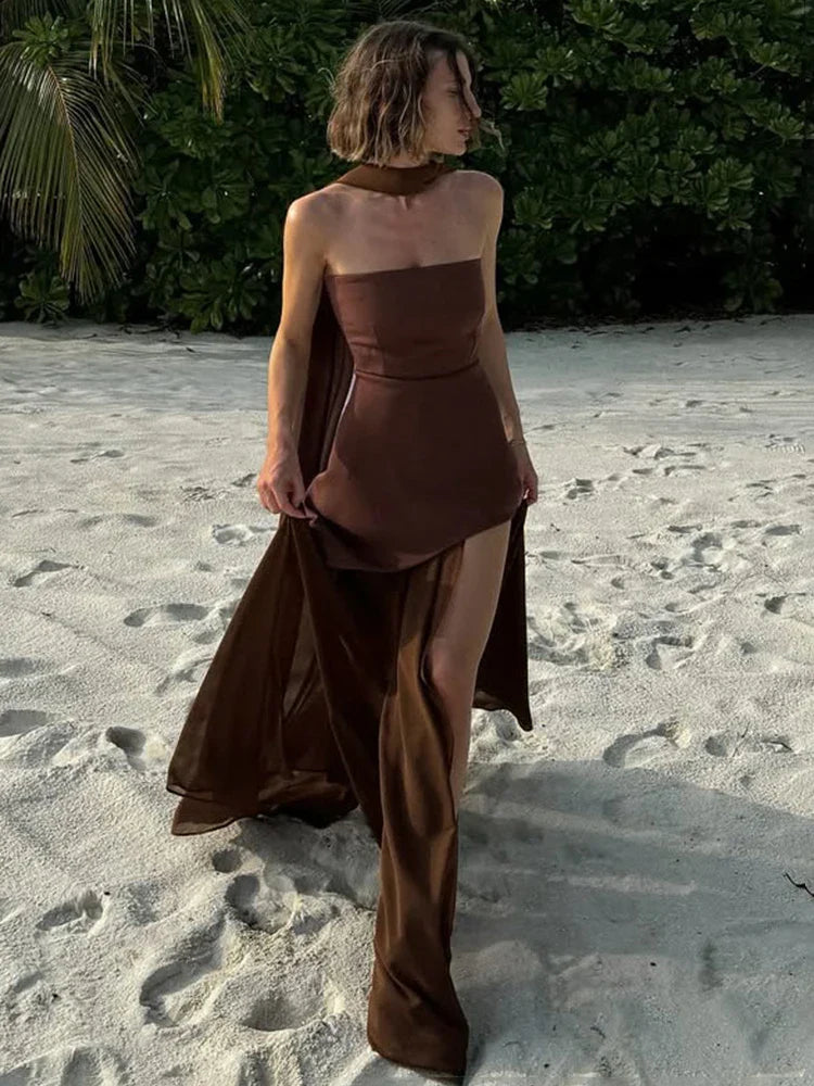 Strapless Ribbon Mesh Beach Midi Dress