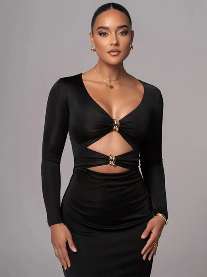 Hollow Long Sleeve Bodycon Midi Dress