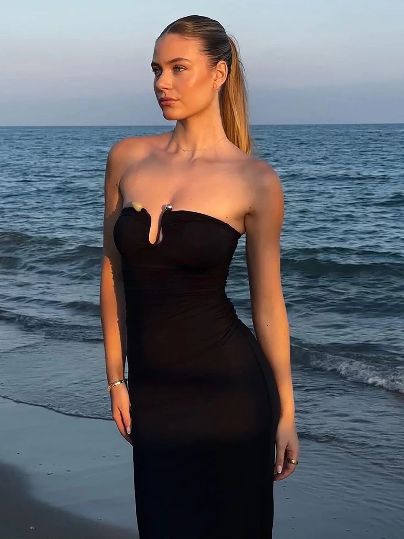 Strapless Ruched Patchwork Maxi Dress