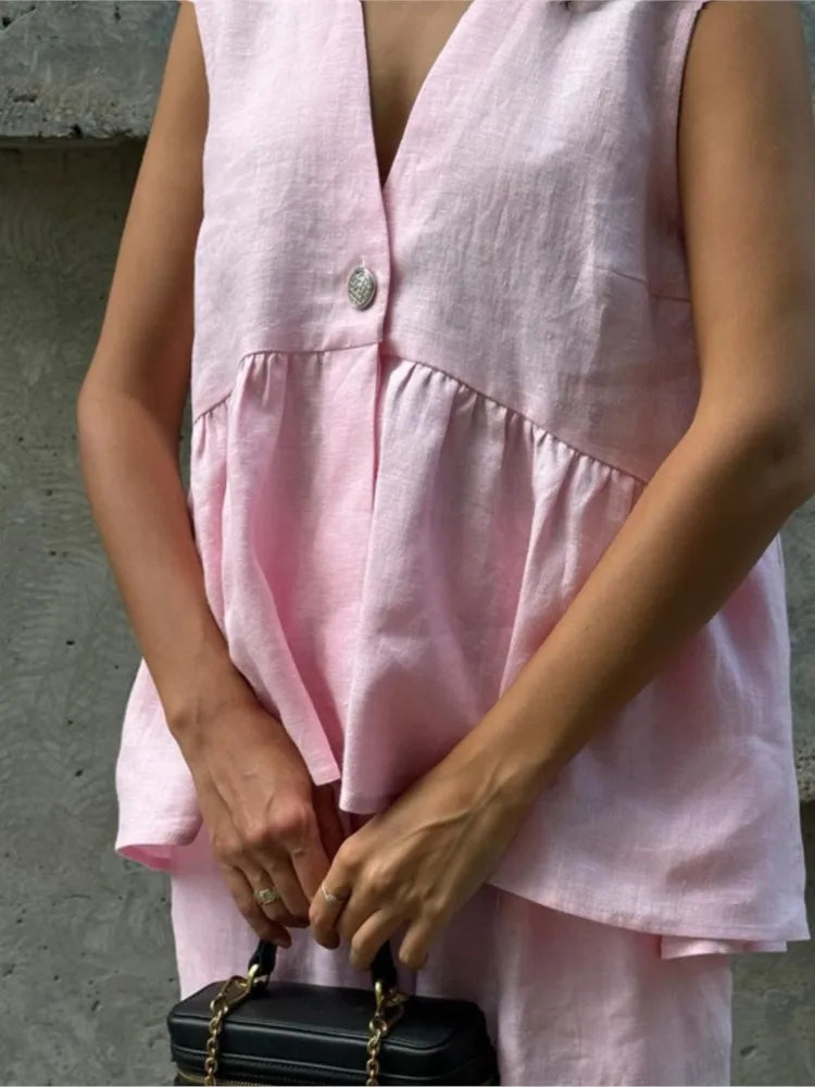 Pink Cotton Linen Ruffles Two Piece Pants Set