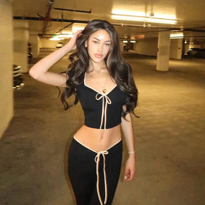 Bowknot Low Waist Pants Knit Set