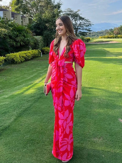 Elegant Print Cutout Puff Sleeve Bodycon Work Dress