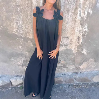 Loose Sleeveless Solid Maxi Floral Dress