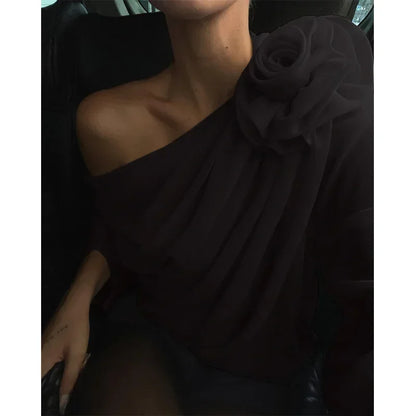 Chiffon One Shoulder Ruched Lantern Sleeve Blouse