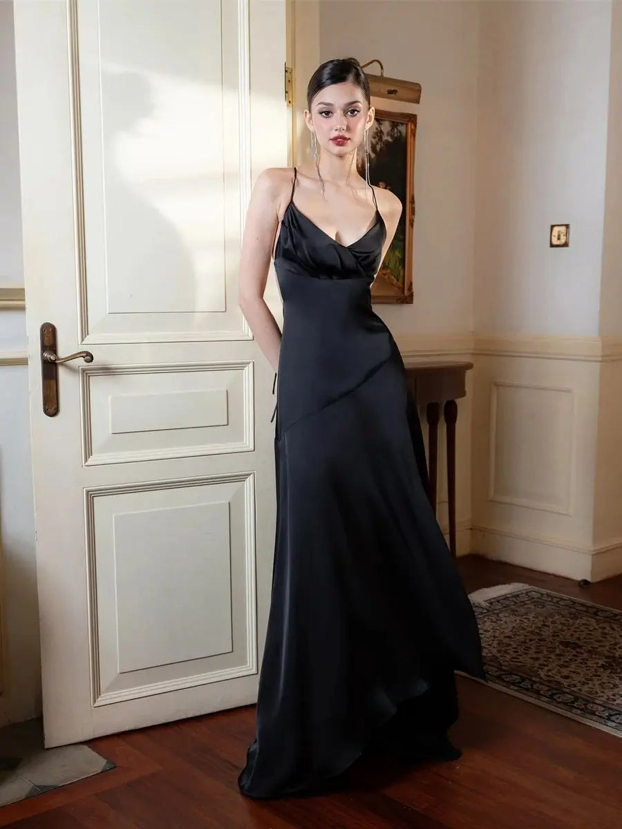 Black Satin V-neck Sleeveless Silk Dress