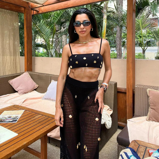 Crochet Pants One Shoulder Tassels Three Piece Swim Sets