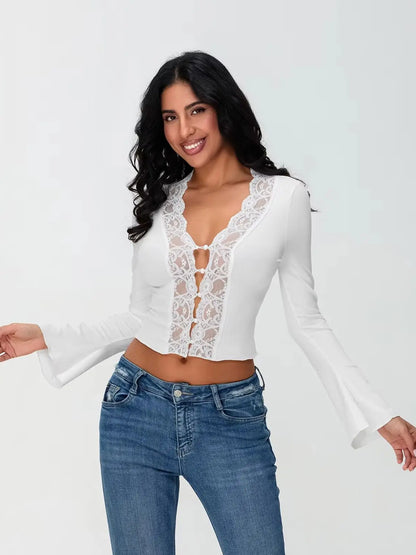 Lace Trim Long Sleeve V-neck Button Blouse