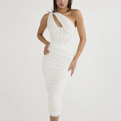 Mesh One Shoulder Backless Ruched Midi Dress