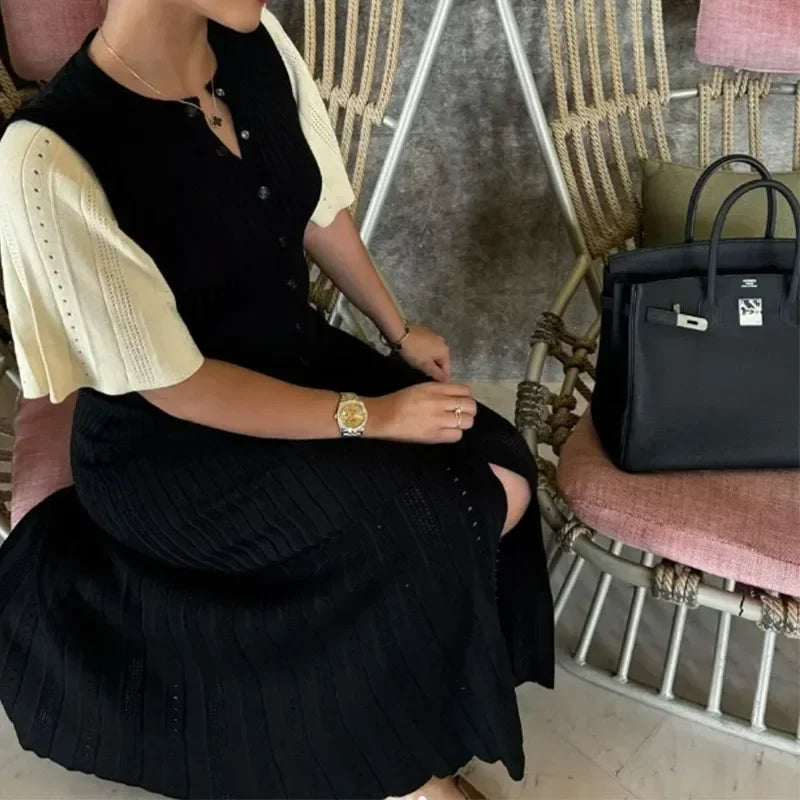 Patchwork Knitted Hollow O-Neck Ribbed Work Dress