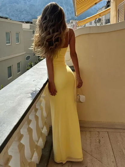 Yellow Spaghetti Strap Backless Bodycon Slip Dress