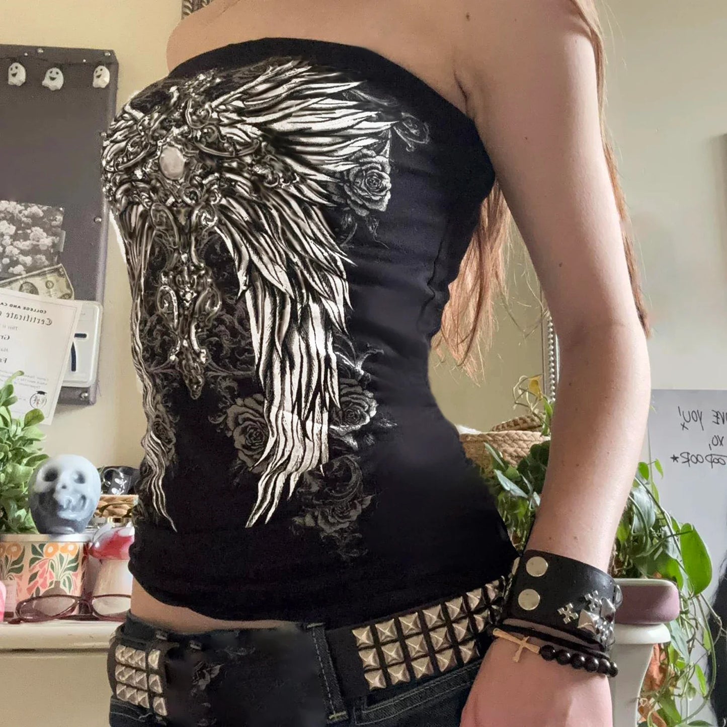 Gothic Wing Print Slim Fit Strapless