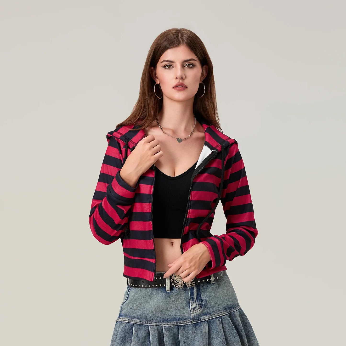 Striped Contrast Zip Cropped Hoodie