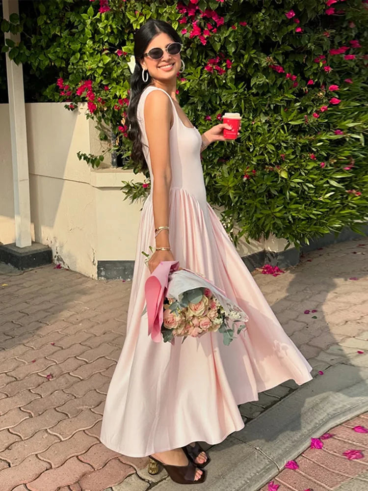 Solid Pleated Square Neck Midi Dress