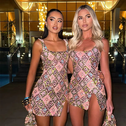 Sequined Square Collar Sling Mini Dress