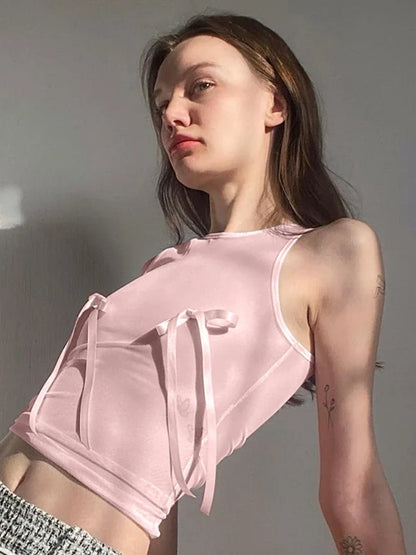 Pink Bow Sleeveless Crop Sheer Top