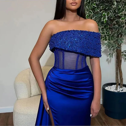 Blue Satin A-Line Prom Dress