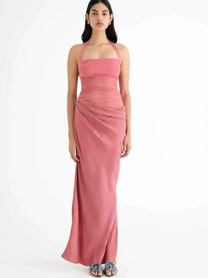 Hollow Patchwork Halter Maxi Dress