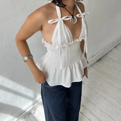 Y2K Floral Print Ruffled Hem Tie-Up Cami Top