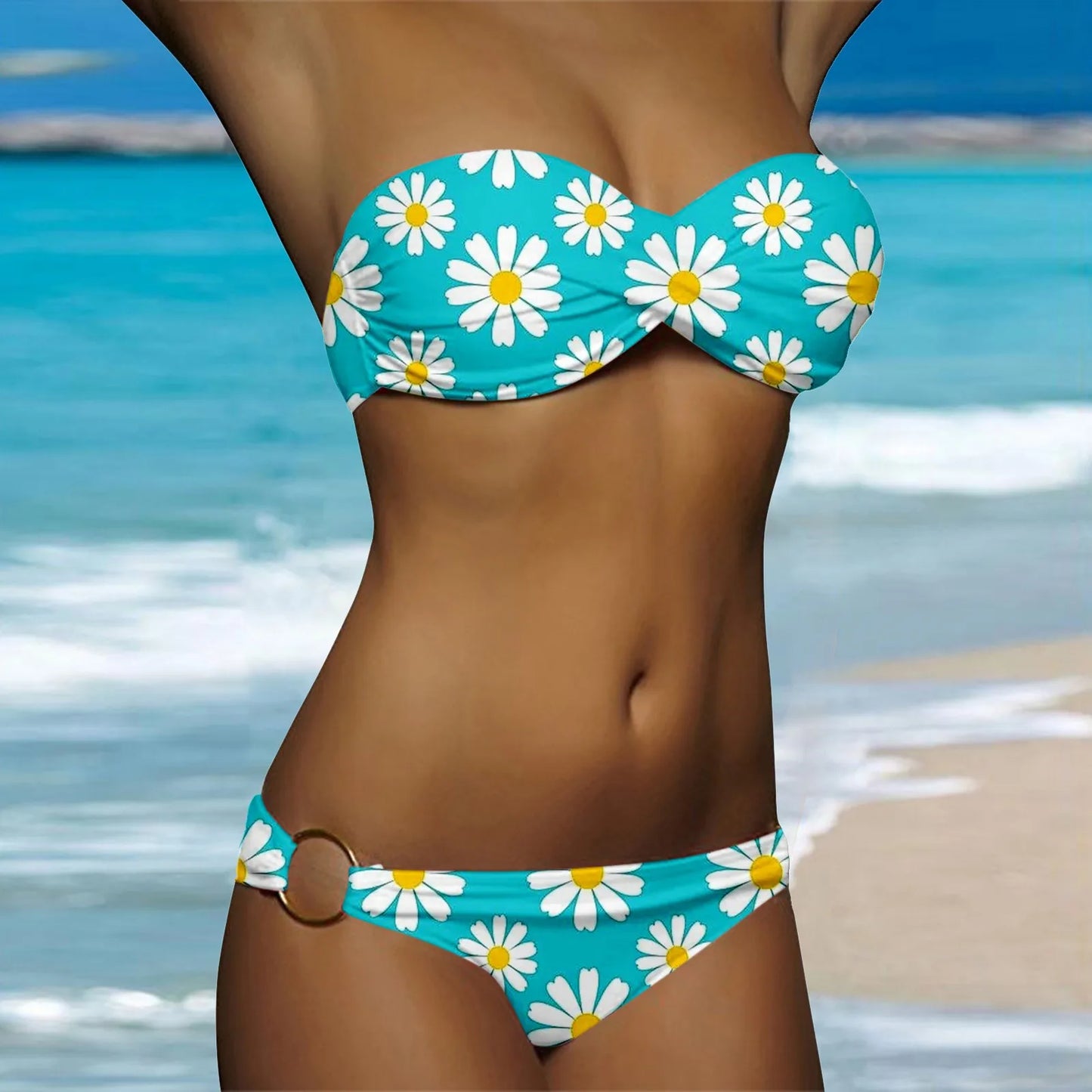 Ruched White Dot Print Two Piece Swim Sets