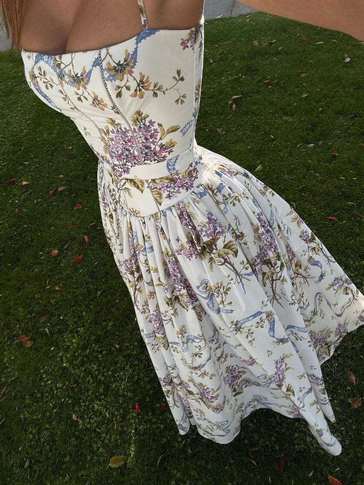 Pleated Sleeveless Backless Floral Dress