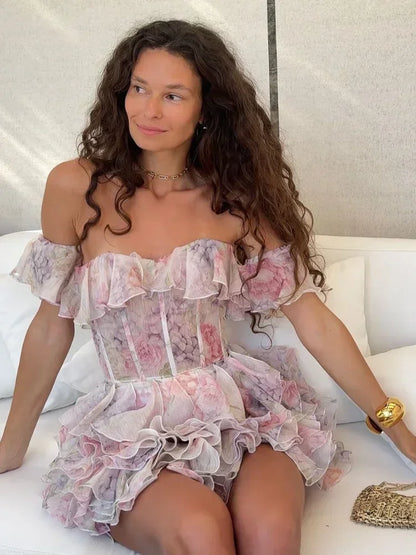 Pleated Off Shoulder A-Line Floral Dress