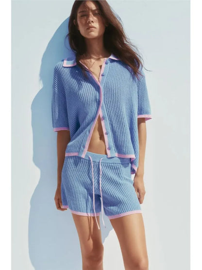 Patchwork Polo Drawstring Knit Set