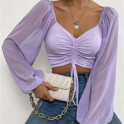 V-Neck Drawstring Bandage Sheer Top