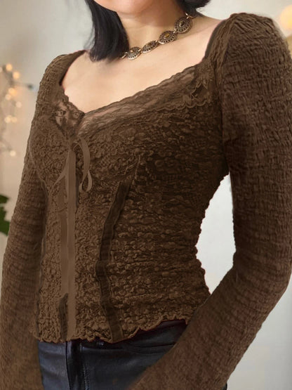 Lace Trim V-Neck Slim Brown Long Sleeve Crop Top