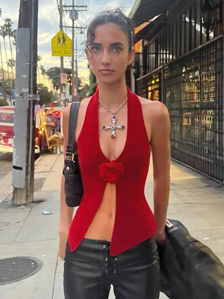 Floral Red Halter Backless Sheer Top