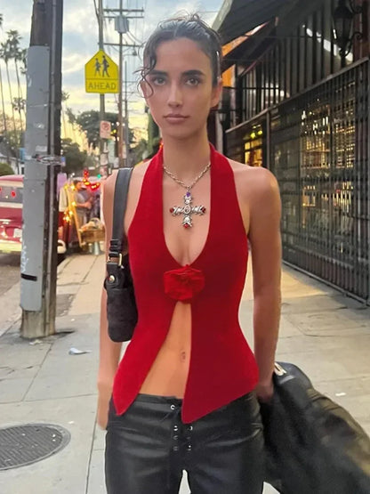 Floral Red Halter Backless Sheer Top