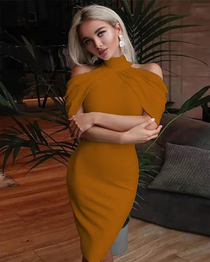 Solid Halter Off Shoulder Hip Package Bodycon Work Dress