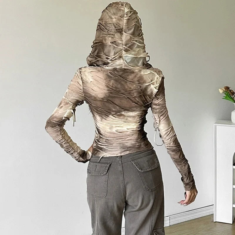 Tie Dye Ripped Hooded Sheer Top