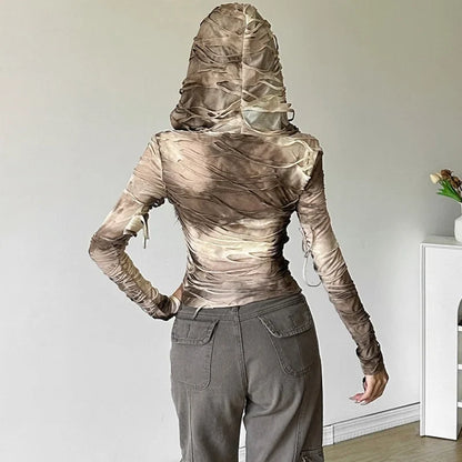 Tie Dye Ripped Hooded Sheer Top