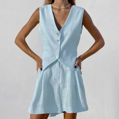 Linen Sleeveless Vest Short Suit
