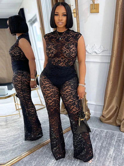 Mesh See Through Flared Two Piece Pants Set