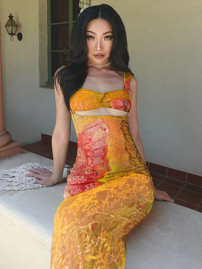 Lace Cut Out Bandage Maxi Floral Dress