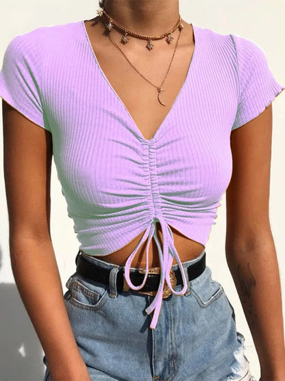 V-Neck Drawstring Ribbed Crop Top