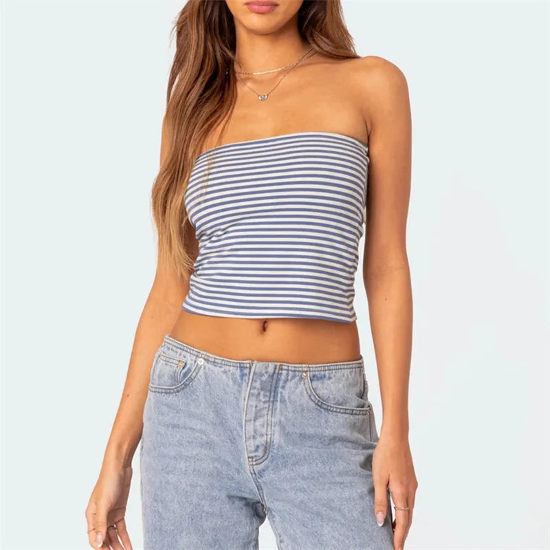Solid Color/Stripes Letter Print Strapless