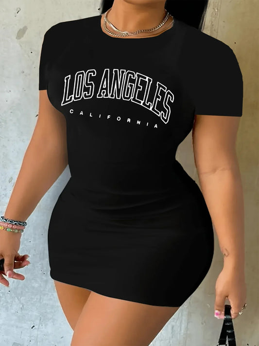 Letter Print Slim Fit Short Sleeve Mini Dress
