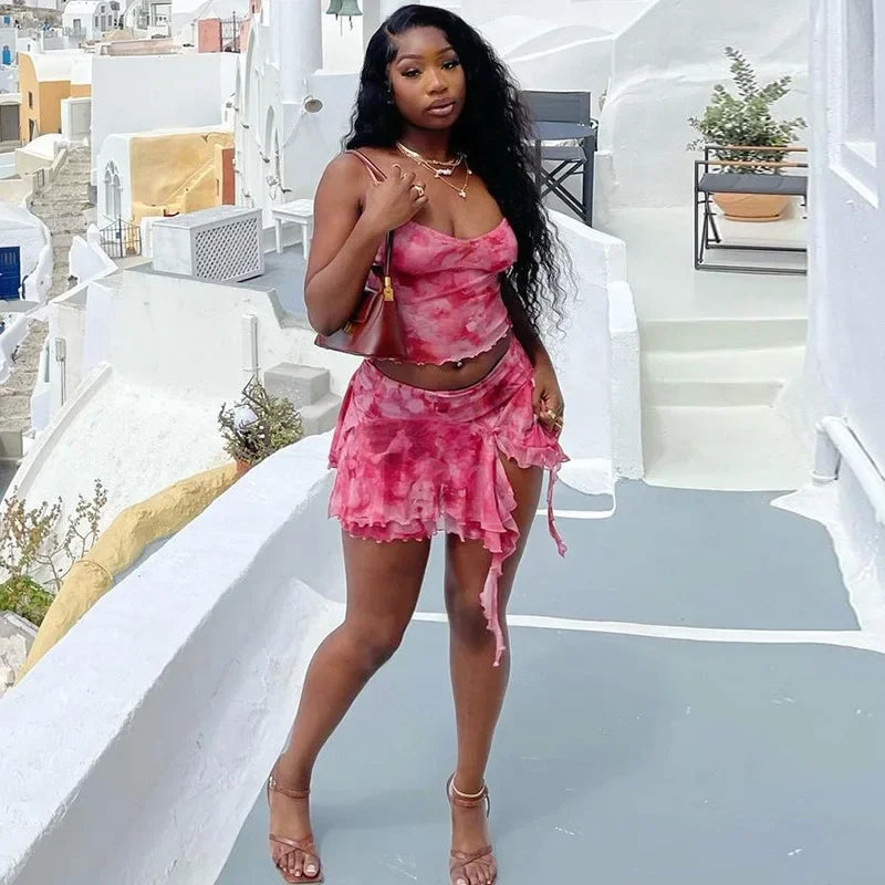 Pink Mesh Sheer Ruffle Mini Two Piece Skirt Set