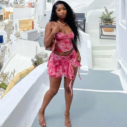 Pink Mesh Sheer Ruffle Mini Two Piece Skirt Set